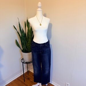 Lucky Brand | Dark Blue Mid Rise “Sweet” Straight Leg Jeans, Raw Hem